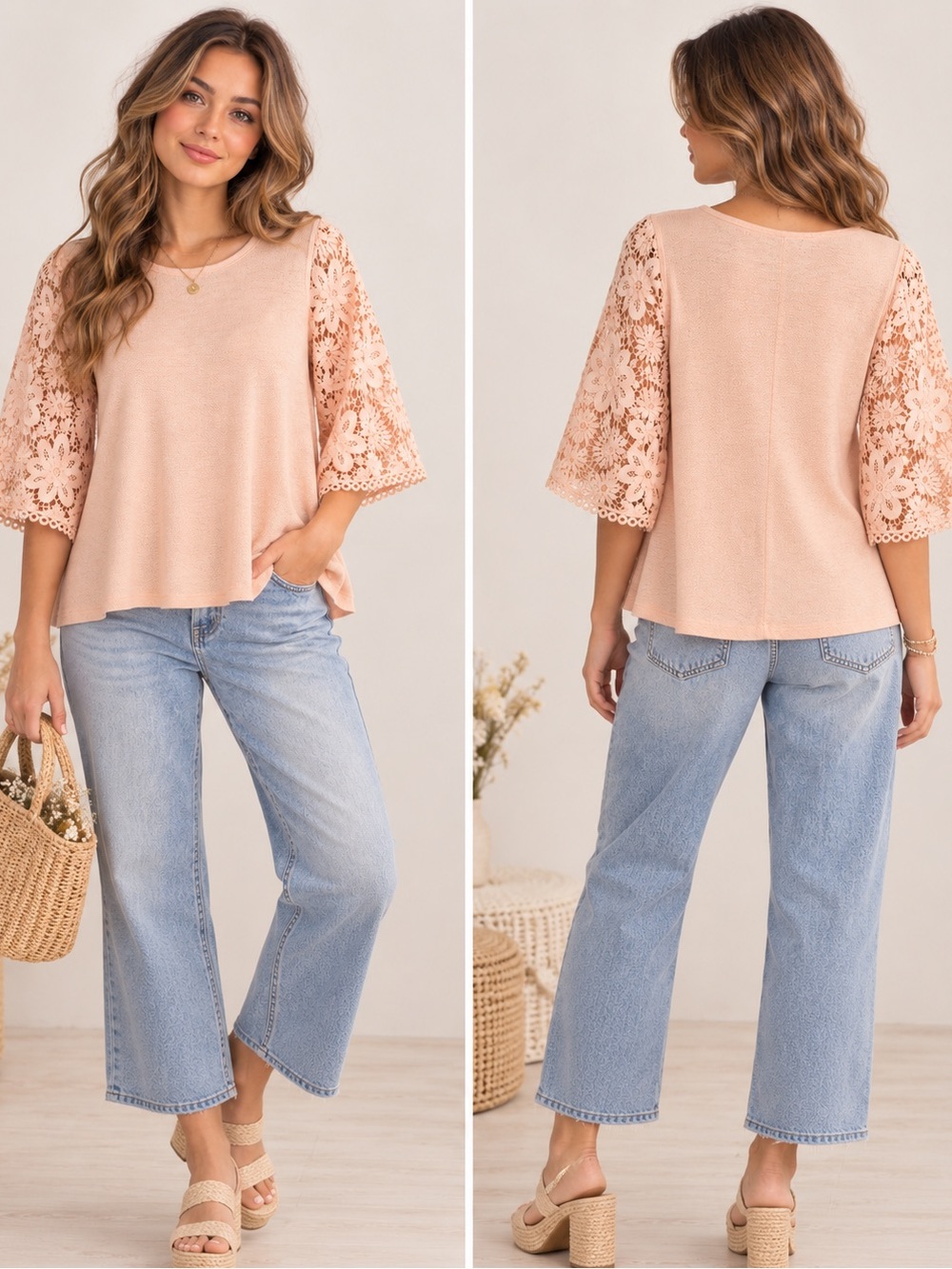 Peach Lace Embroidered Bell Quarter Sleeve Coquette Soft Girl Women's Top Small